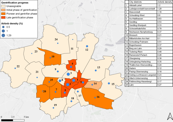 Räumliche Überlagerung von Airbnb und Gentrification in München. Quelle: M. Borst