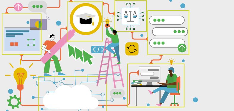 Bunte dekorative Illustration mit verschiedenen Elementen, die das Thema KI und Forschung aufgreifen