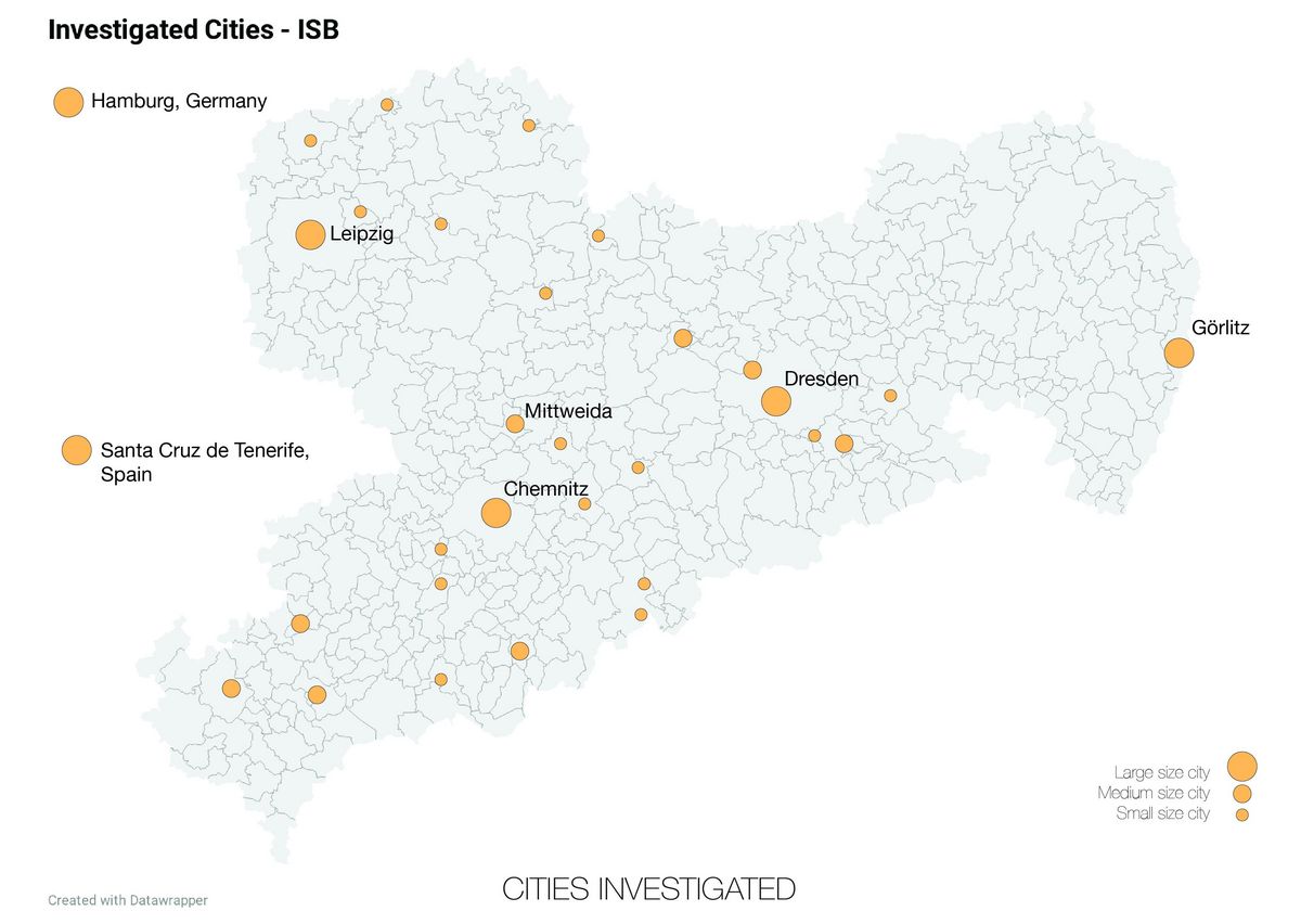 Übersicht der untersuchten Städte in Sachsen, Abbildung: Maéva Baudoin