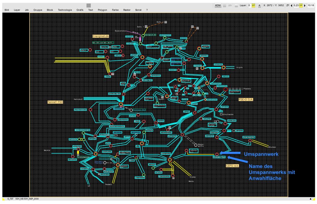 Die Grafik ist ein Screenshot aus einem Computerprogramm. Auf sehr technische Art wird die Topologie, also die Entitäten und deren Verbindungen, dargestellt.