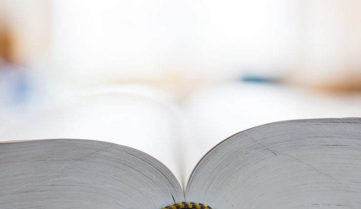 Ein in der Mitte aufgeschlagenes Buch liegt auf dem Tisch